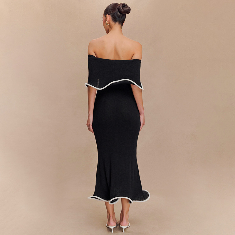 Women Clothing Summer Contrast Color Ruffled off the Shoulder Tube Top Backless Sheath Sexy Dress