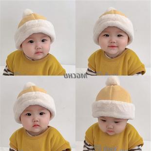 Baby hat winter fleece-lined thick warm cute super cute small fur ball infant pullover hat children's floor hat
