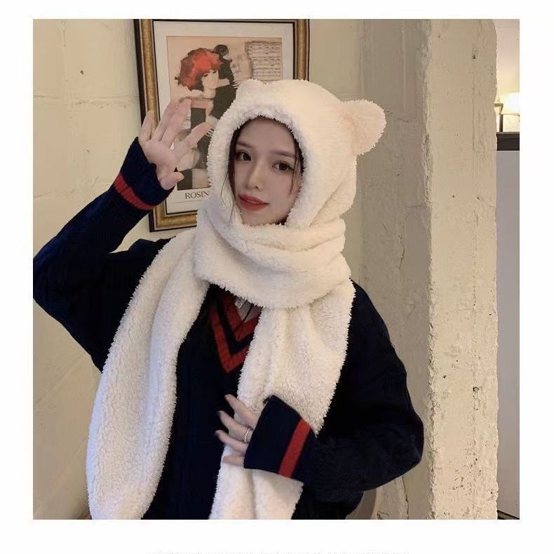 クマの帽子とスカーフオールインワン女性の秋と冬かわいい学生サイクリングぬいぐるみ暖かい耳保護フード付きマスクスカーフ|undefined