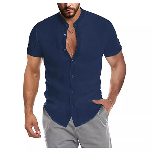 2024 Amazon eBay AliExpress Summer V-neck Linen New Open Collar Short Sleeve Men's Shirt