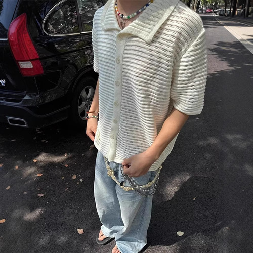 Men's Summer Knit Top Short Sleeve Minority Retro Lace Open Cardigan Old Money Style Collar Half Sleeve Top