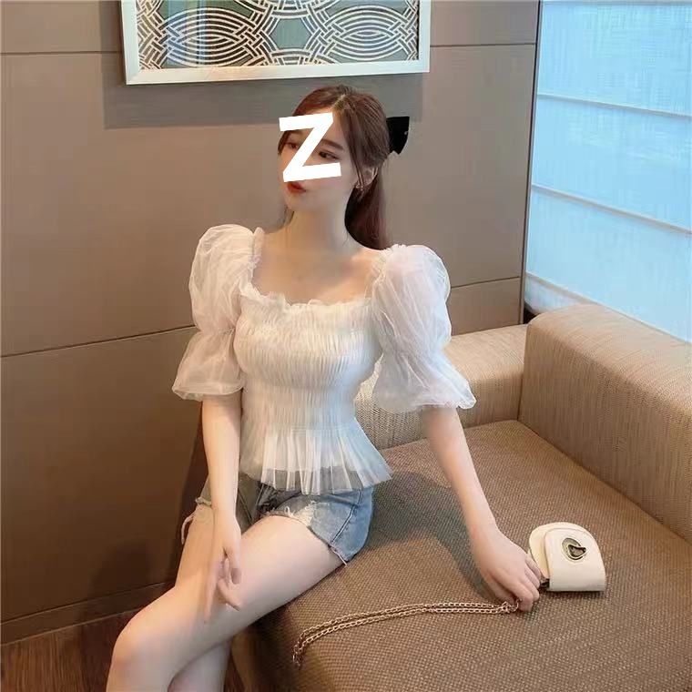 粉色泡泡袖雪纺衫女夏网纱收腰修身一字方领很仙的上衣设计感小众|undefined
