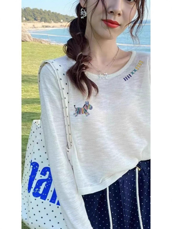 轻奢白色小马刺绣冰丝针织防晒罩衫女夏季慵懒宽松显瘦薄纱上衣|undefined