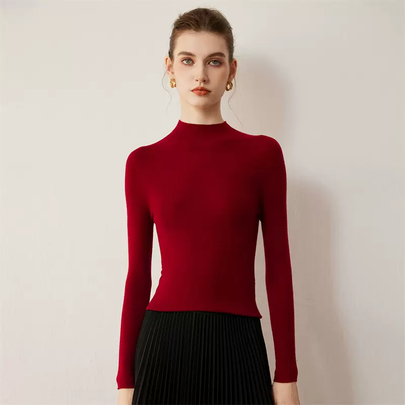 抽条半高领针织衫女套头修身毛衣简约精羊毛针织衫打底毛衣