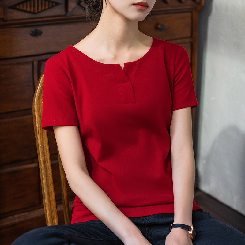 Camiseta de manga corta para mujer verano 2023 nueva camiseta de algodón de color sólido con cuello redondo medio abierto para mujer