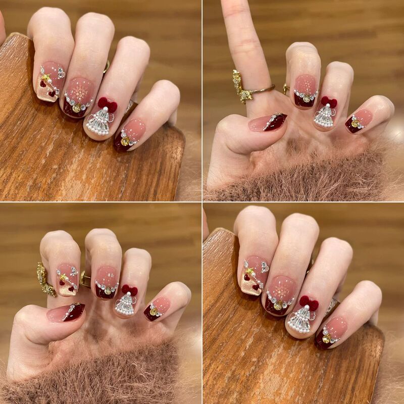 Christmas Silver Glittery Atmosphere Manicure Kidsren's Wearable Nails High-End Cute Manicure Patches Stereo Relief Stickers