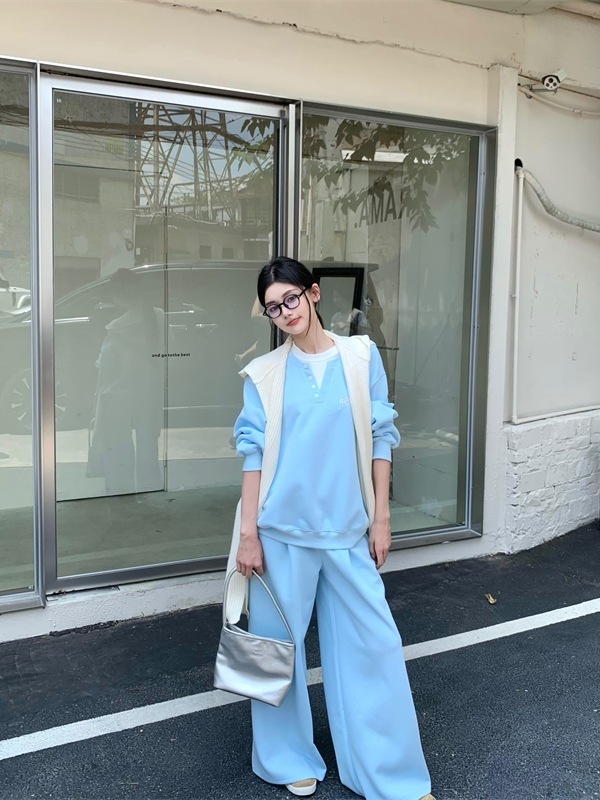 休闲运动蓝色卫衣套装女装韩系百搭高级感假两件上衣+直筒休闲裤|undefined