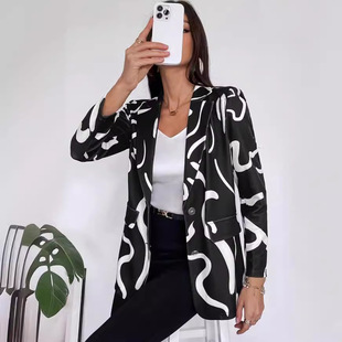 2024 Spring New Cross-border Supply European and American Digital Printing Temperament European and American Women's Lapel Slim-fit Small Suit