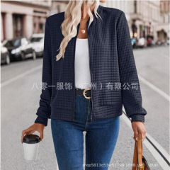 现货批发亚马逊热销新款欧美女装长袖拉链纯色拼接开衫纯色外套女