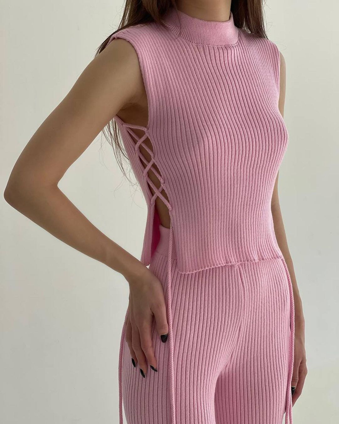Street Occasion High Neck Neckline Street Women'S Sexy Solid Color Rayon Pant Co-ord Set Pants Sets