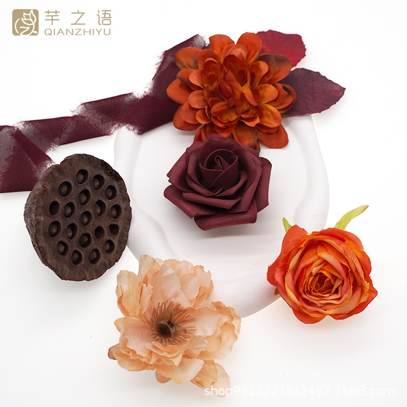 亞馬遜熱賣秋季暖橙紅色仿真絹布花盒婚禮訂婚儀式用品新娘伴娘捧