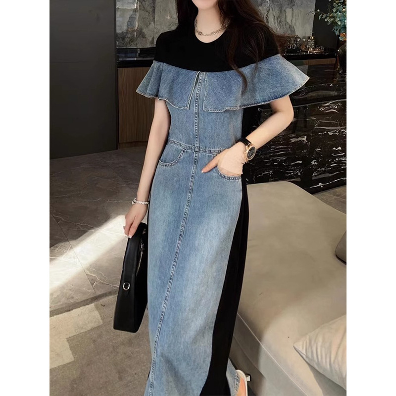 宽松显瘦连衣裙女欧洲站2025夏装新款欧货中长款复古荷叶边牛仔裙