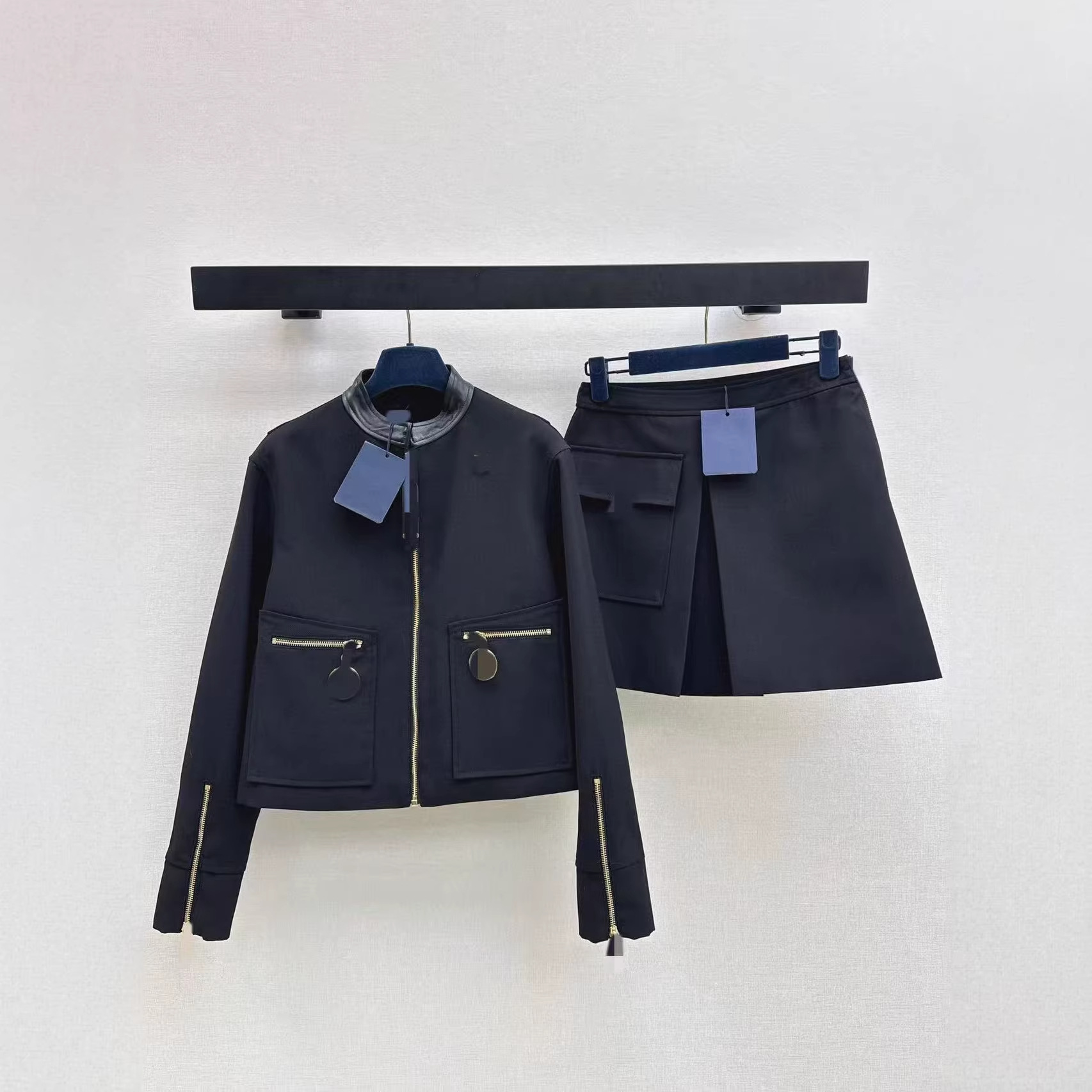 深圳南油26早春时尚气质金属拉链环拼皮立领短款夹克外套半裙套装