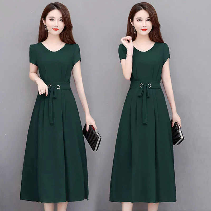 Платье длинное A‑образное миди, plus size, короткий рукав с приталенным поясом