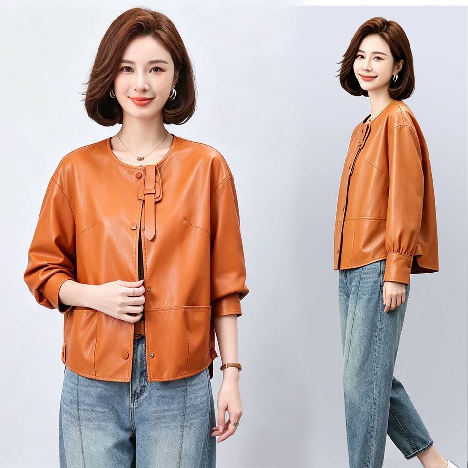 Áo khoác da nữ dáng ngắn ôm vừa, cổ lập, tay dài, phong cách thanh lịch — Cam Hermès, đen chi tiết 13