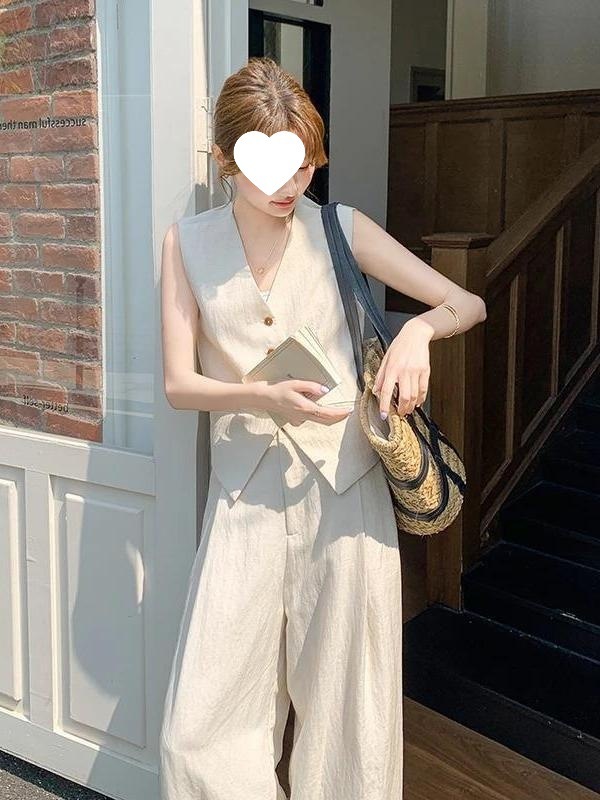 贝沐琪感老钱风亚麻套装女夏季2025薄款气质马甲阔腿裤两件套|undefined