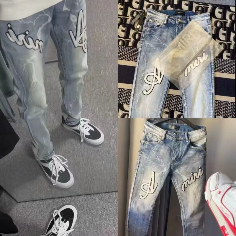 American High Street Internet Celebrity's Same High-Quality Am Letter Embroidered Jeans for Men, Versatile Slim-Fitting Straight Pants