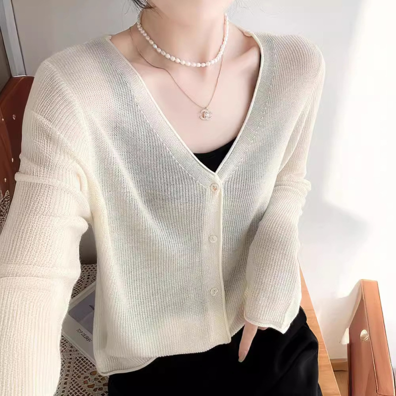V-neck Ice Silk Knitted Cardigan Women's Summer Thin Long-sleeved Sunscreen Shirt with Sling Skirt Coat Top Air-conditioning Shirt