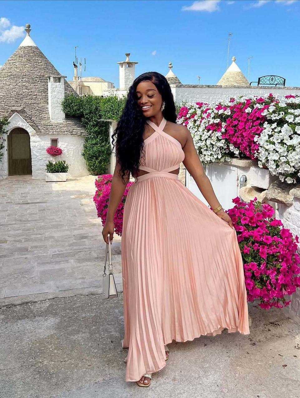 Women's Clothing Sexy Backless Hollow Halter Neck Long Dress Beach Vacation Style Pleated Skirt For Casual Party Evening_ecoleips.com