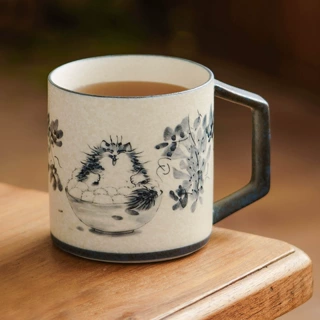 岩矿白陶瓷马克杯青花绘猫咛家用喝水杯子带盖茶杯早餐杯精致茶缸