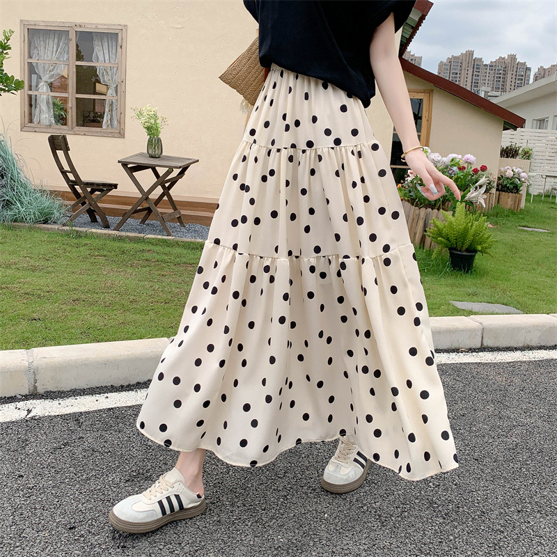 2025 Real Shot of Summer New Polka Dot Splicing Long Skirt Korean Style A-Line Skirt Versatile Skirt Fashion