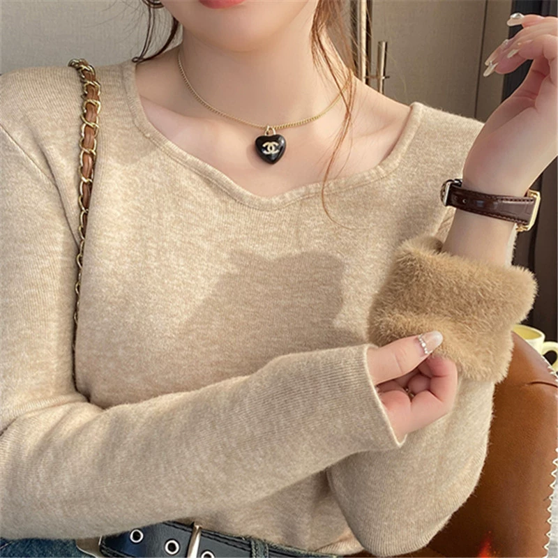 Теплый толстый трикотажный топ на флисовой подкладке для женщин, осень-зима 2025, новая корейская мода, свитер с глубоким вырезом, базовая рубашка