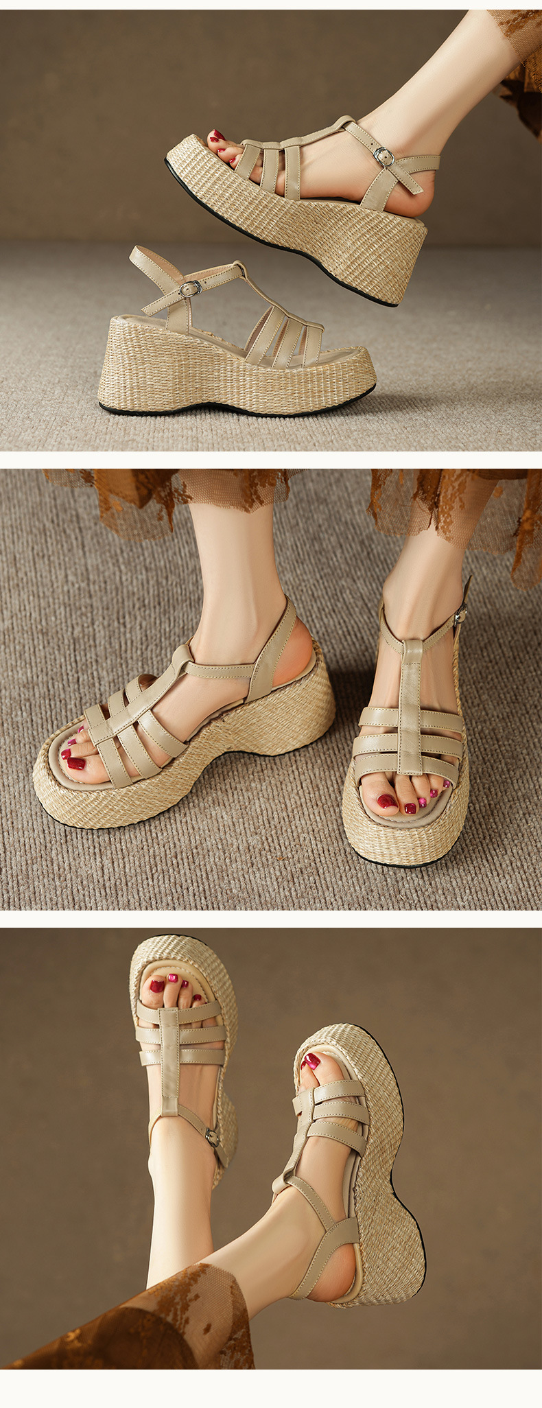 Sandal nữ quai ngang đế xuồng đan cói cổ điển phong cách nghỉ dưỡng, gót 9 cm — Màu trắng, Màu mơ chi tiết 4