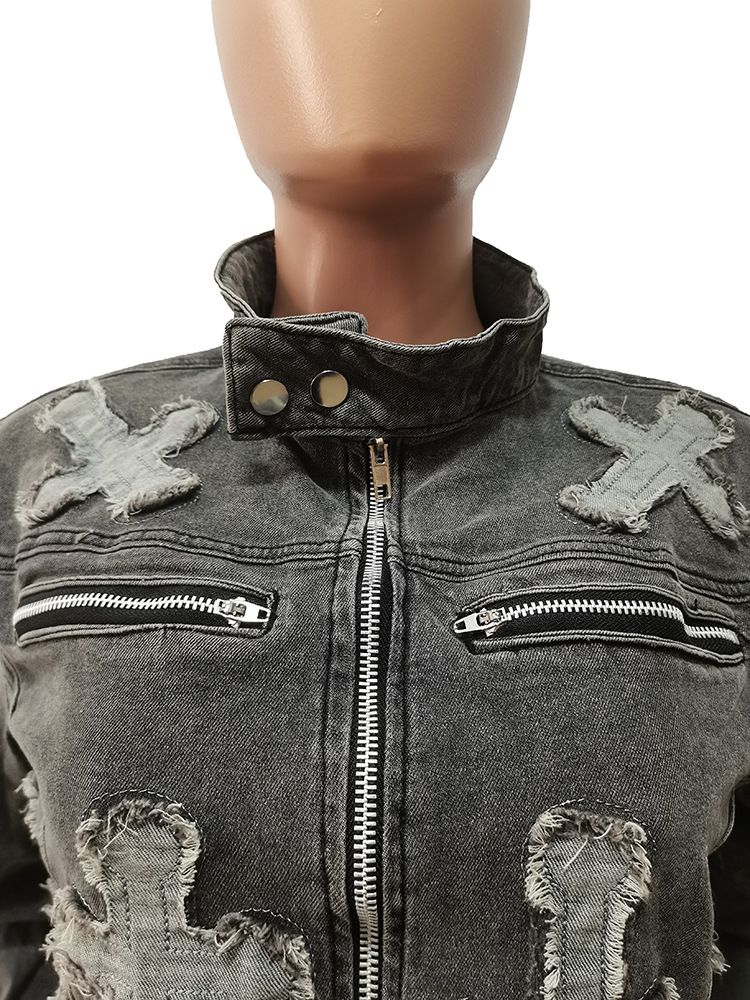 Dametøj nyt krydsvasket og brændt western elastisk afslappet denimdragt_voghion.com
