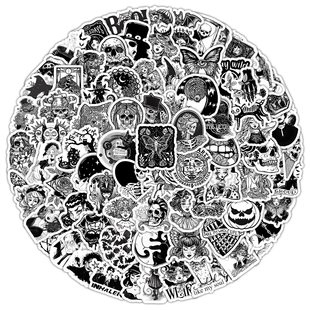 50 pegatinas de graffiti en blanco y negro de venta caliente de Amazon pegatinas decorativas impermeables de casco de guitarra punk en blanco y negro de estilo gótico