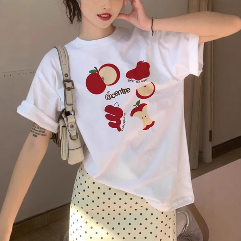 American Retro 2025 New Summer Style Loose and Versatile Niche Cartoon Apple Design Short-Sleeved Tops T-Shirt for Women