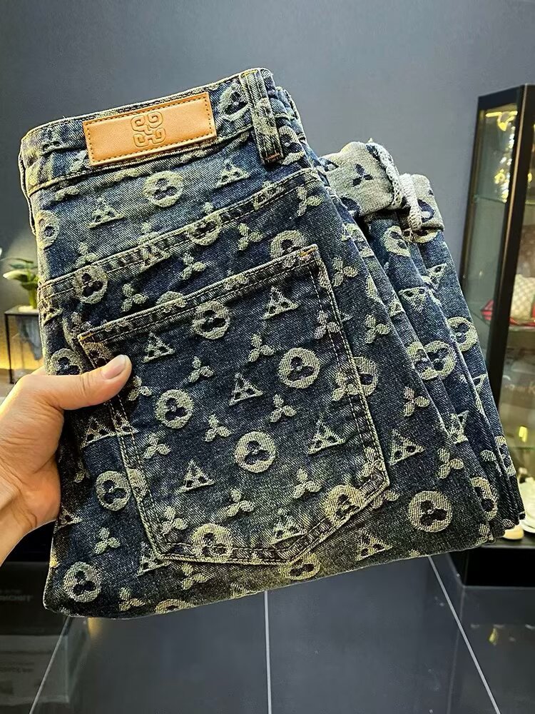 Men's Vintage Washed Denim Jacquard Printed Pants Straight-Leg Cut Retro High Street Aesthetic Jeans_mkmklike.com
