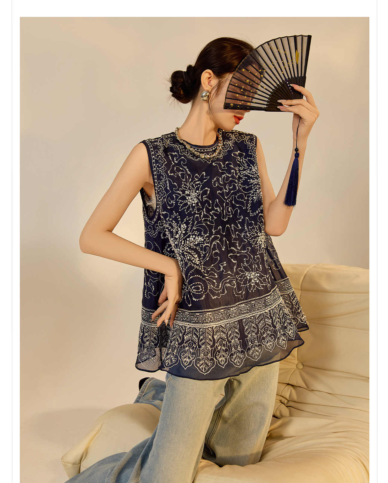 Áo vest gile nữ không tay cổ tròn đính hạt sang trọng — Màu xanh lam chi tiết 6