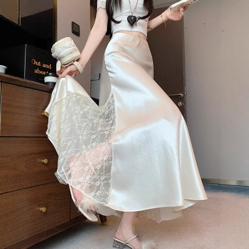 Acetate Satin Fishtail Skirt Women's Summer New High-Waisted Slim-Fit Hip-Hugging Skirt Lace Splicing Long Skirt