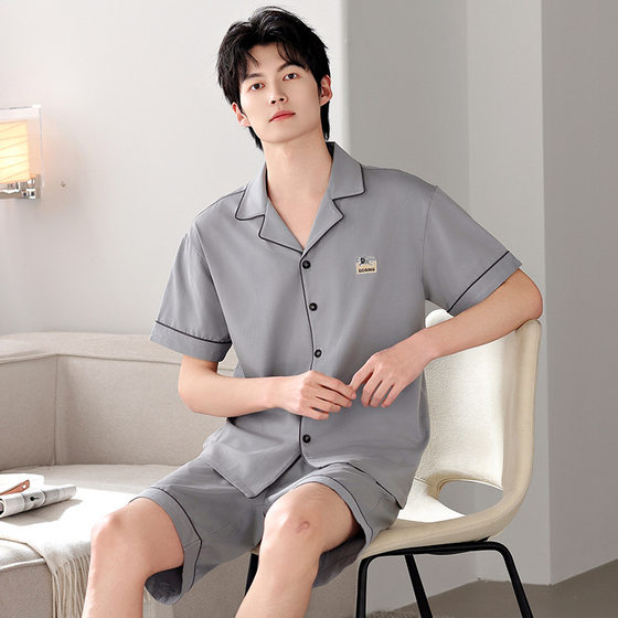 100% Cotton Pajamas Men's Summer Thin Short-sleeved Cardigan Loose Casual Outwear Cotton Home suit