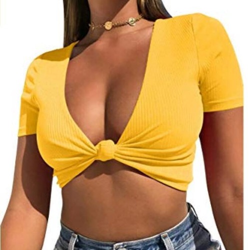 Summer new women's tops retro slim solid color large V-neck bottoming shirt with knotted short-sleeved T-shirt on the chest