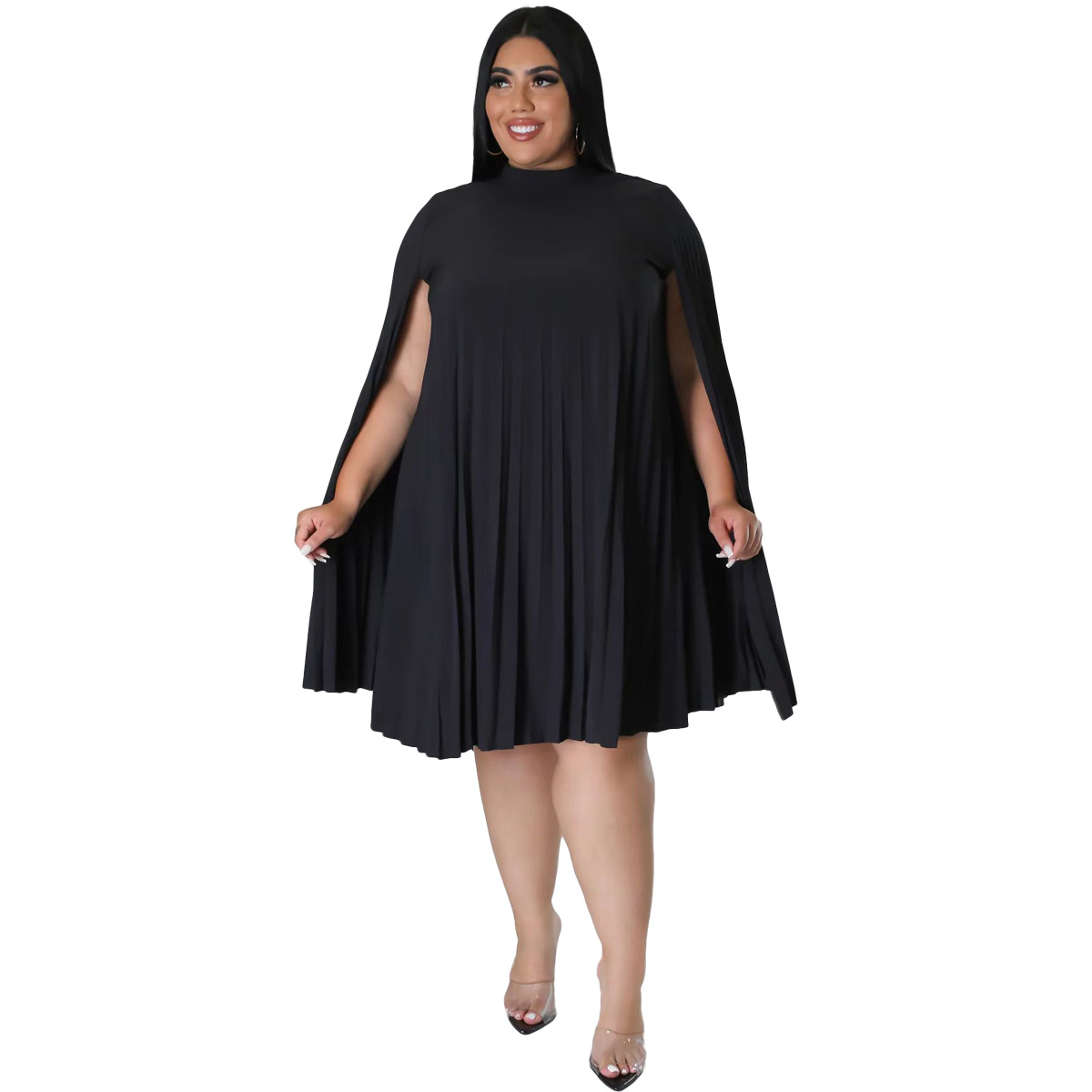 Fashion Solid Color Round Neck Long Sleeve Patchwork Polyester Plus Size Knee-Length Pleated Skirt