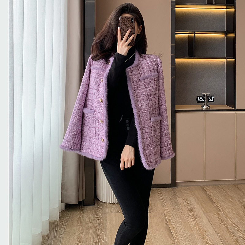 2023 Winter New Purple French Style Chanel Tweed Coat Fashionable Socialite fleece-lined Thickened Warm Top