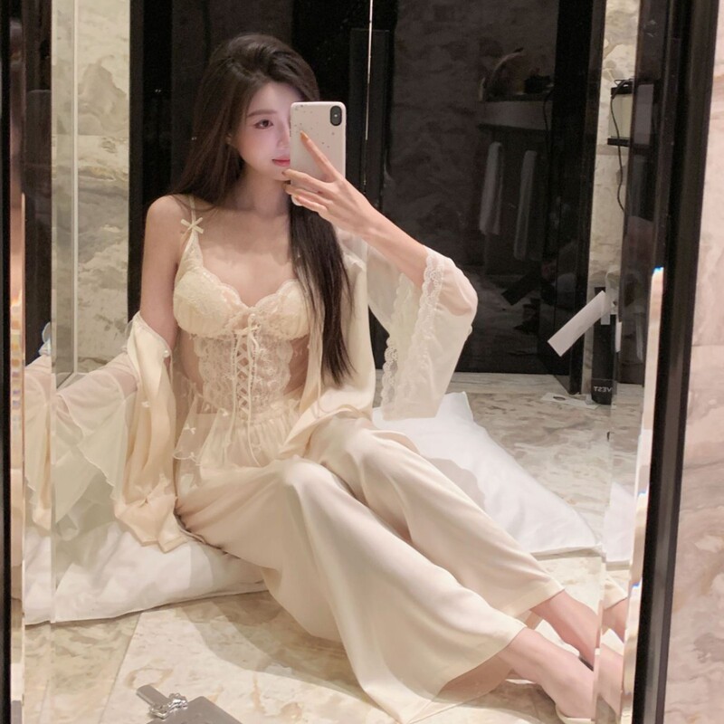 French-Style Pure Desire Sexy Pajamas Four-Piece Set, Mesh Lace Princess-Style Long-Sleeved Home Wear Set, Palace Style