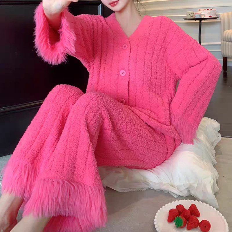 2024新款睡衣女秋冬款半边绒软绵绵玫红色仿水貂绒加厚家居服