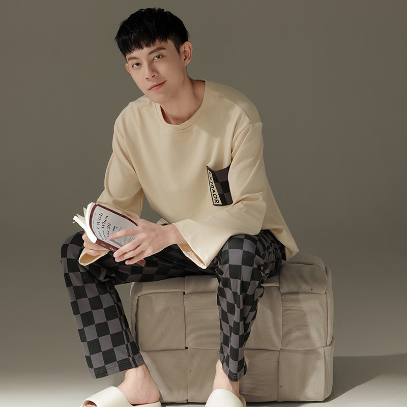 Chunke pijamas para hombre con cuello redondo, traje de primavera y otoño, servicio a domicilio informal, pijamas para hombre, traje de otoño para uso exterior