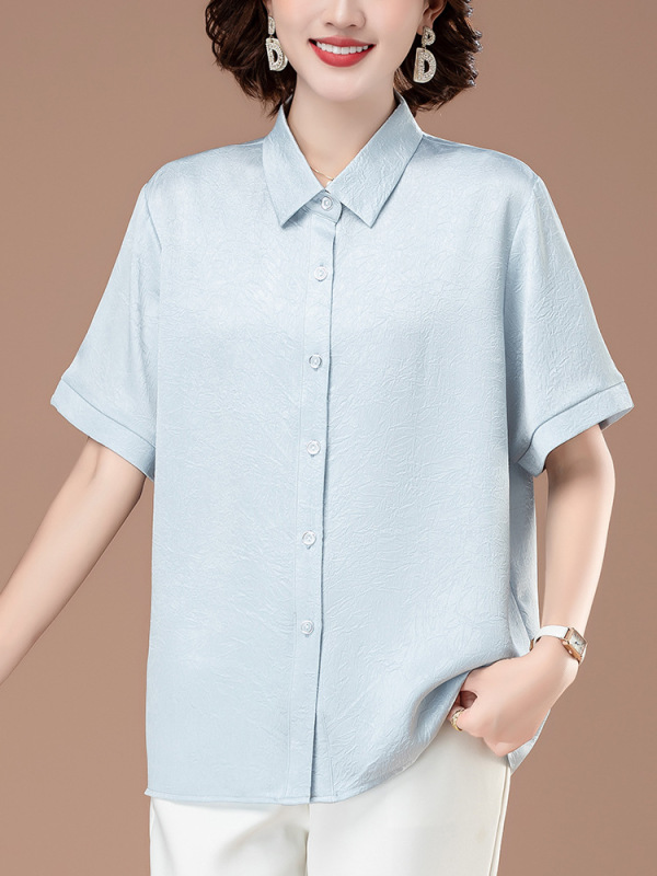 中年母親の新しいシフォン半袖シャツ、女性用のスタイリッシュな大きいサイズのルーズシャツ、夏の軽い高級感と高級感のあるトップス|undefined