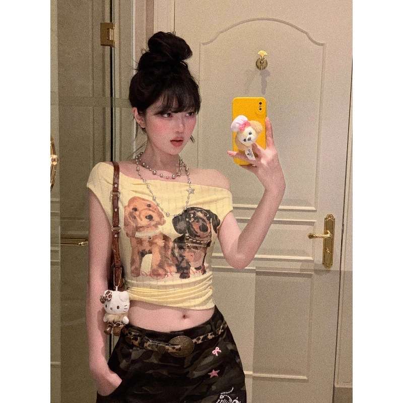 Pure Lust ワンショルダー パピープリント 半袖 Tシャツ レディース 夏 スリムフィット シックで美しいショートトップス イン|undefined
