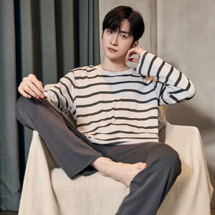 Spring and Autumn pajamas men's new long-sleeved outerwear autumn and winter loose casual home wear suit 2024