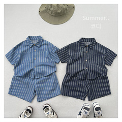 日系條紋~夏季新品兒童翻領豎條紋麻棉襯衫男女寶寶短袖薄襯上衣