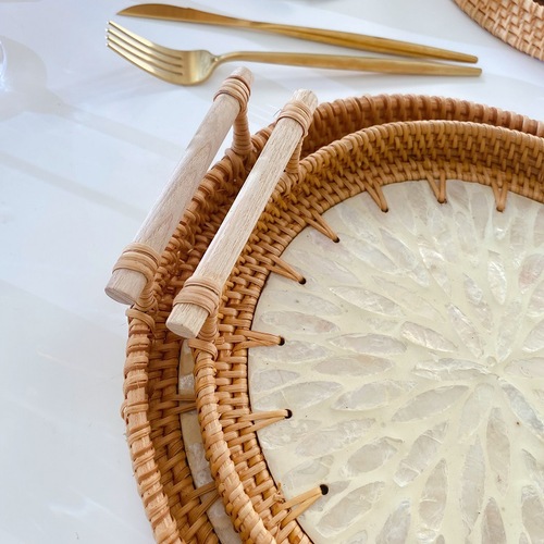 Shell-woven double-ear rattan fruit round tea tray basket woven breakfast basket bread basket pastry basket