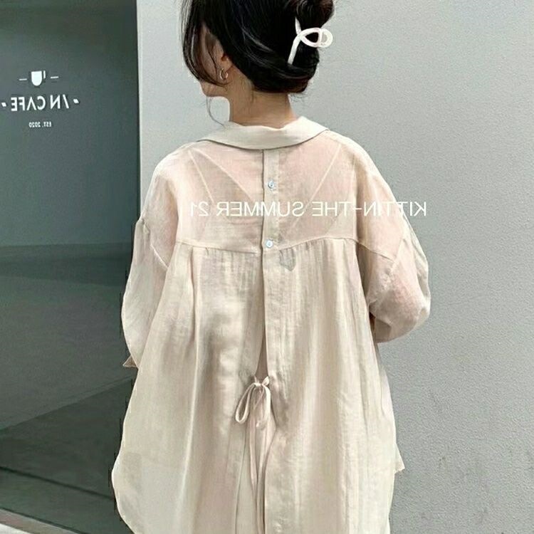 Sun Protection Shirt for Women, New Summer Style with Back Slit, Korean Style Loose Fit with Tie Design, Trendy Niche Top