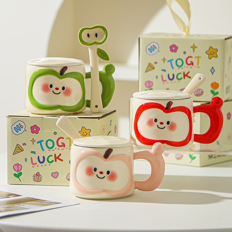 Regalos de cumpleaños creativos lindos tazas de agua de manzana de alto valor facial taza de cerámica con cubierta cuchara práctica acompañante caja de regalo