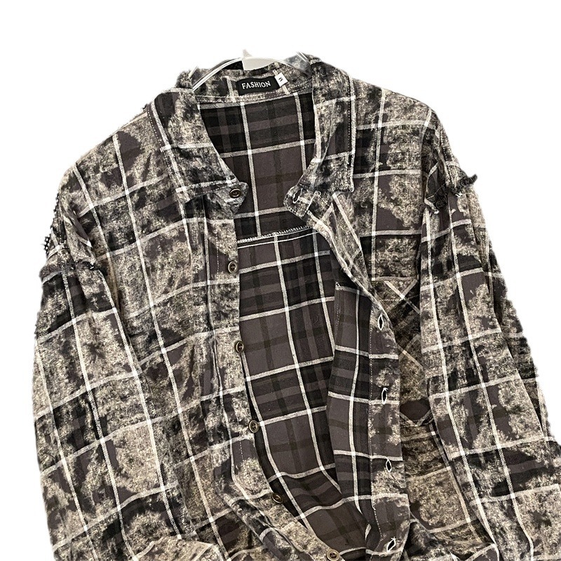 2024 New plaid distressed ruffled shirt jacket embroidered hem damaged high street spring and autumn loose top_voghion.com