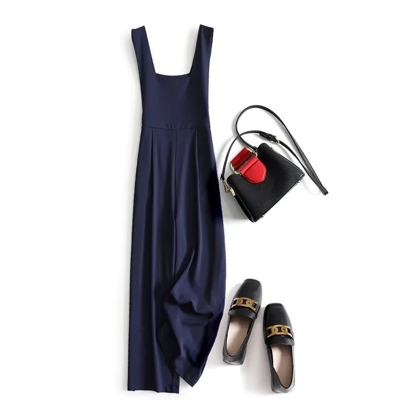 Frozen Age Overalls Straight Straight Loose Jumpsuit Women's Summer navy blue Jumpsuit Wide Leg Loppers