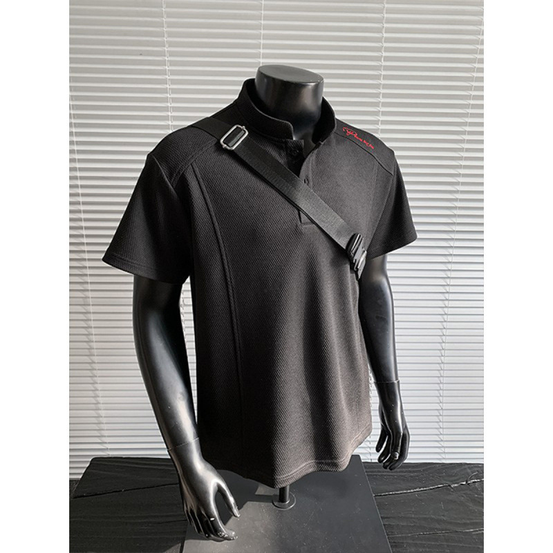 Waffle Embroidered Short-Sleeve Polo Shirt for Men, Summer American-Style Deconstructed Patchwork Sports Fitness Regular Shoulder T-Shirt with Five-Quarter Sleeves